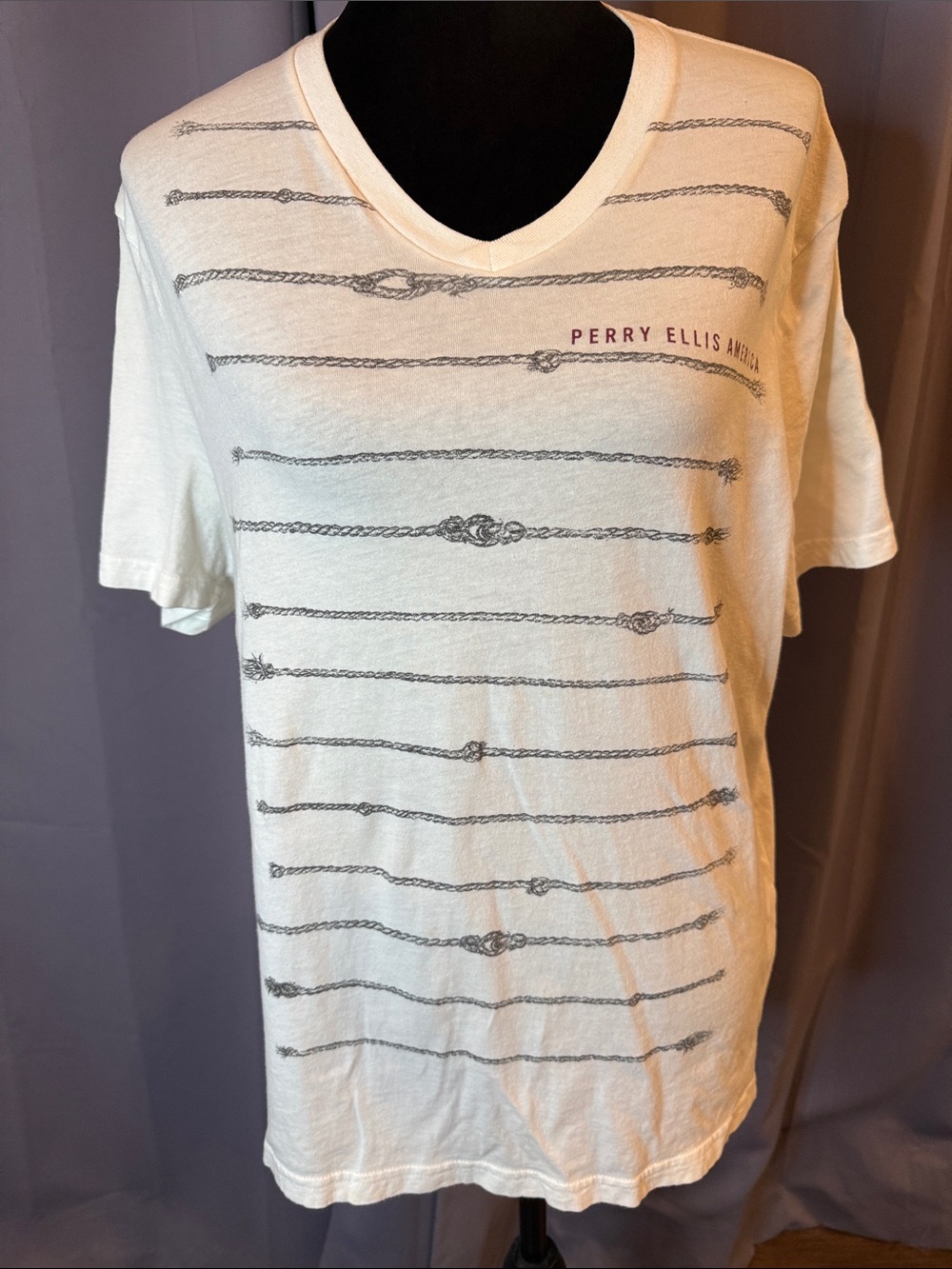 BRAND NEW! Perry Ellis Cream Nautical V-Neck Rope-Stripe Short Sleeve Tee
